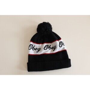 Obey Black White Red Pom Winter Beanie Stocking Cap Obey Spell out Logo
